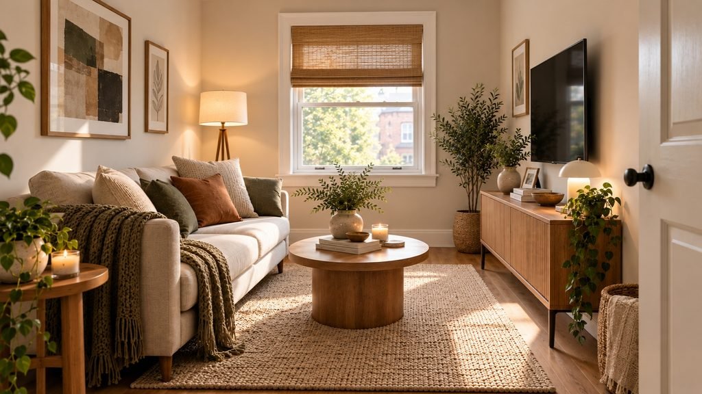 Compact warm neutral small living room ideas with a slim sofa, round coffee table, area rug, and warm wood accents