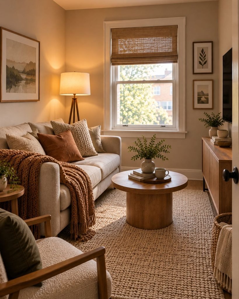 Cozy small living room with a textured rug, layered cushions, soft throw, and warm floor lighting.