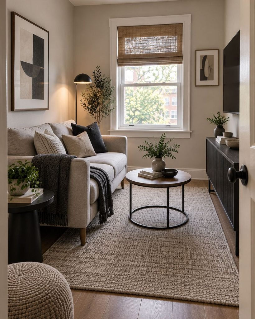 Modern small living room with slim-profile furniture, visible sofa legs, neutral tones, and minimal decor.