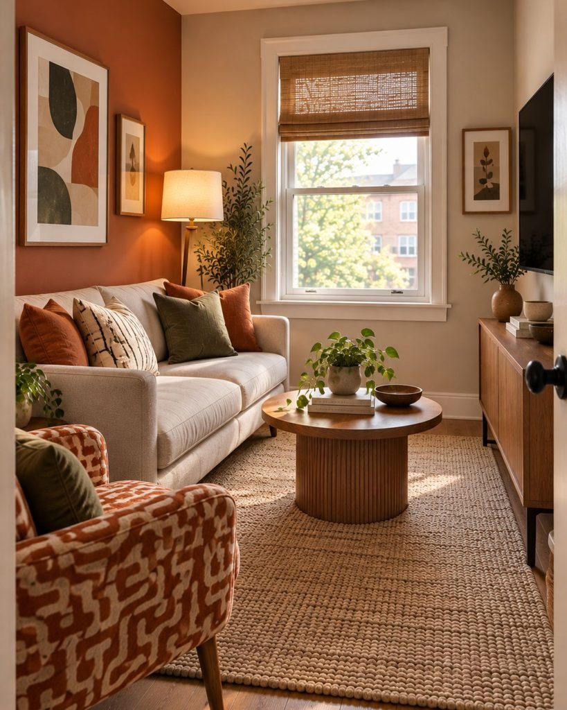 Colorful small living room with a terracotta accent wall, neutral sofa, patterned chair, and warm wood furniture