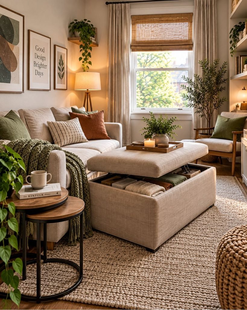 Compact living room with a storage ottoman, nesting side table, and space-saving multifunctional furniture.