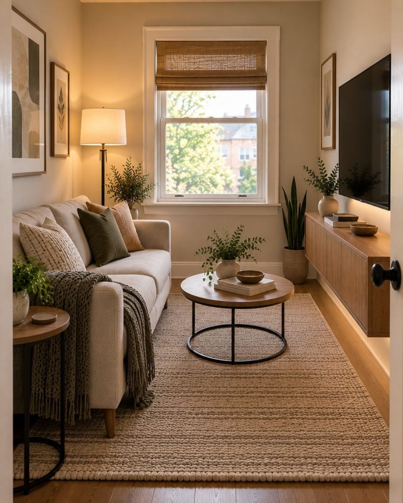 Small living room with a wall-mounted TV, slim media console, compact sofa, and open floor space