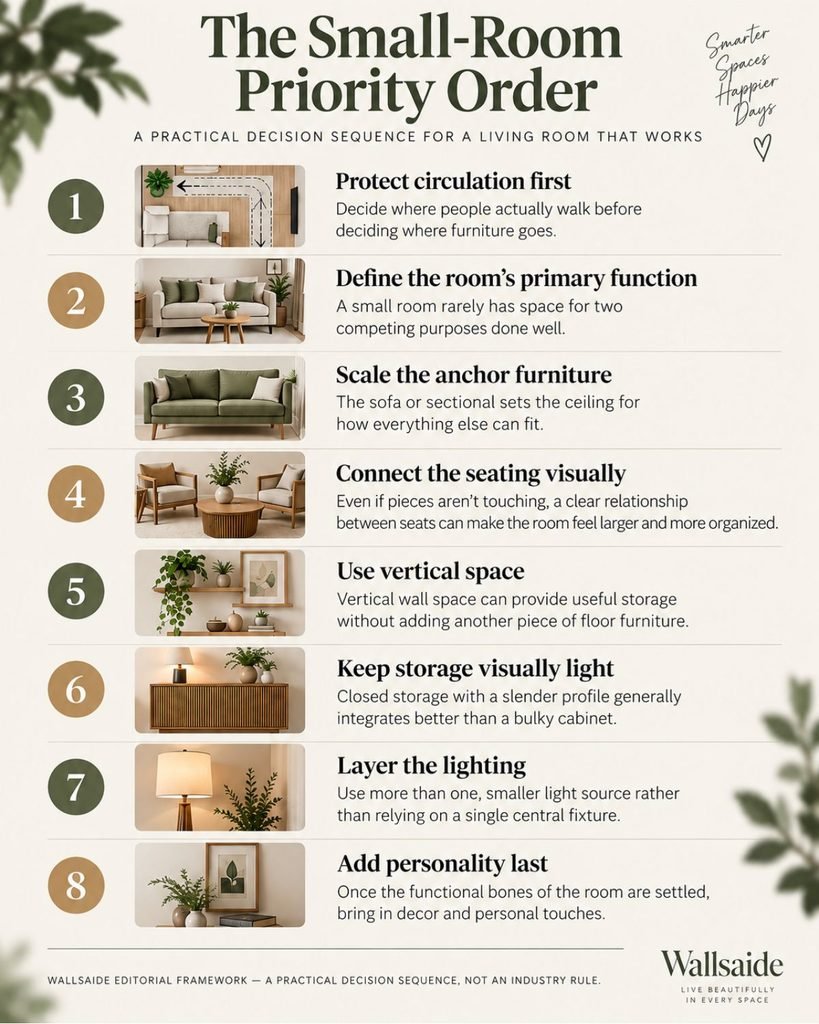 Wallsaide eight-step small living room priority order, from protecting circulation to adding personality