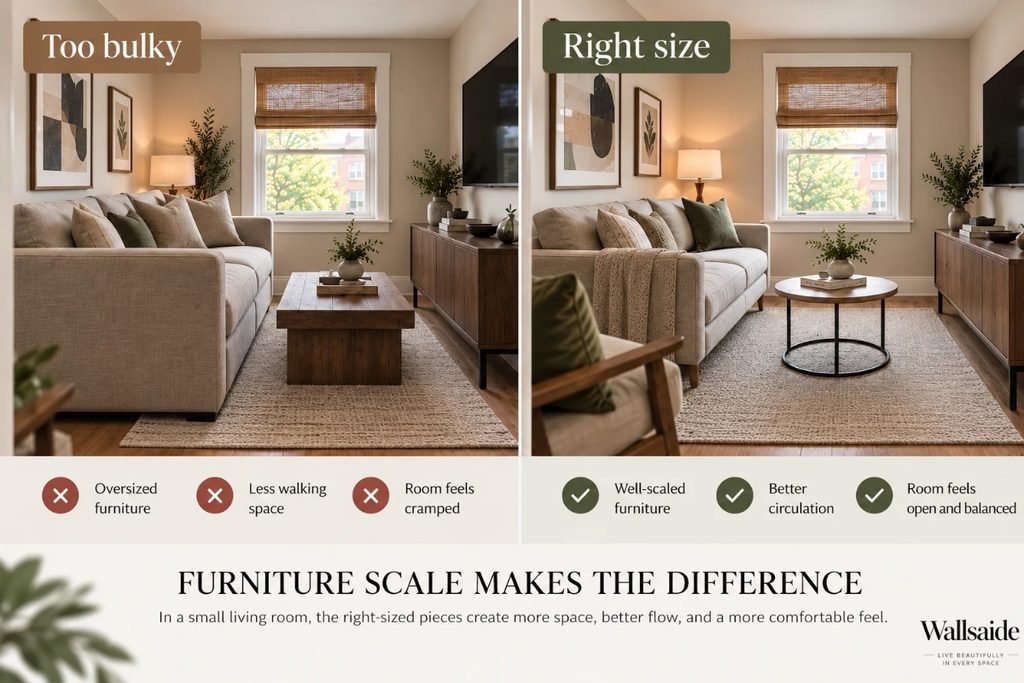 Comparison of a solid-base sofa and a sofa on visible legs showing different visual weight in a small living room