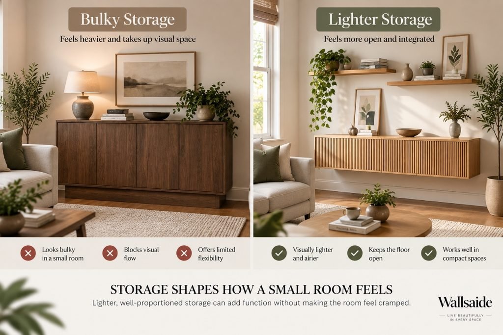 Comparison of bulky floor-level storage and raised lighter-profile storage in a small living room