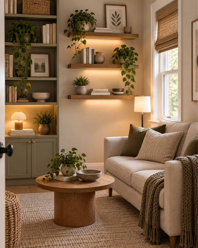 Vertical wall space can provide useful storage without adding another piece of floor furniture.
