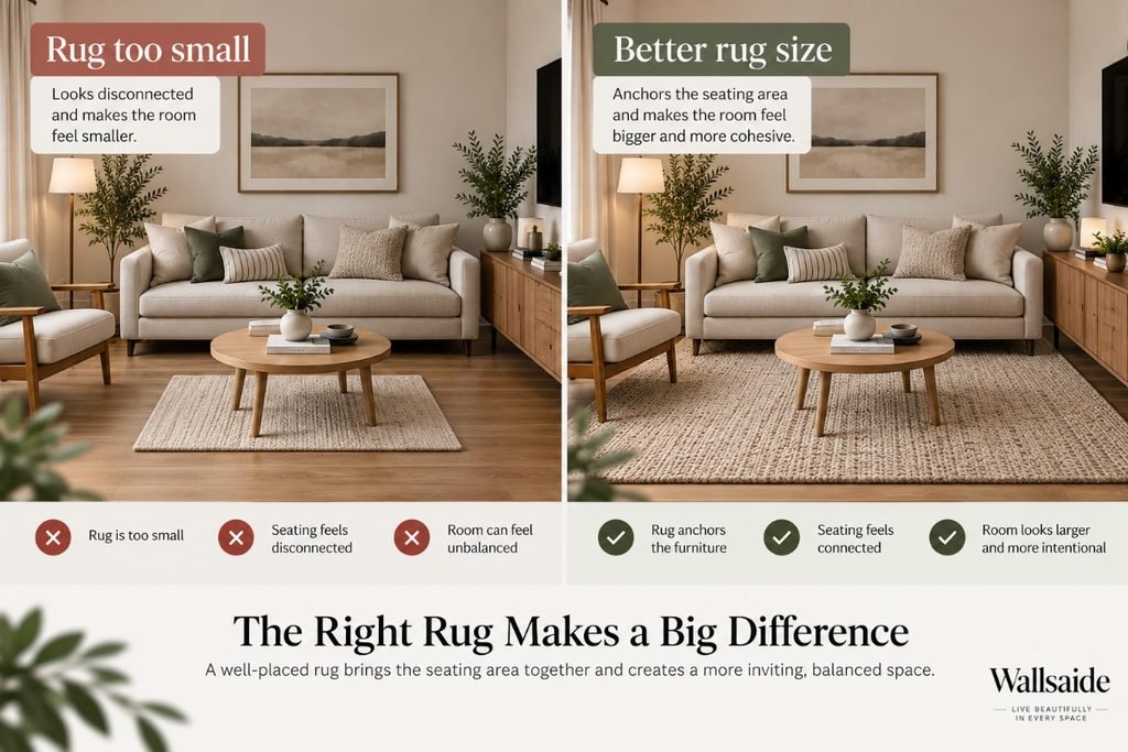 Comparison of a disconnected small rug and a rug positioned to visually anchor the living room seating area