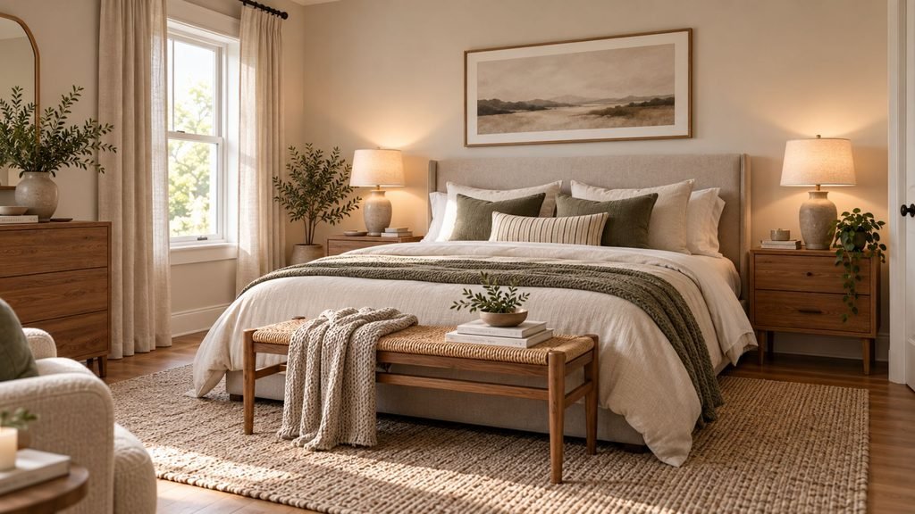 A warm neutral bedroom with an upholstered headboard, matching nightstands, and a rug extending beyond both sides of the bed