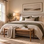Bedroom ideas featuring a warm neutral room with an upholstered headboard, matching nightstands, and a large area rug