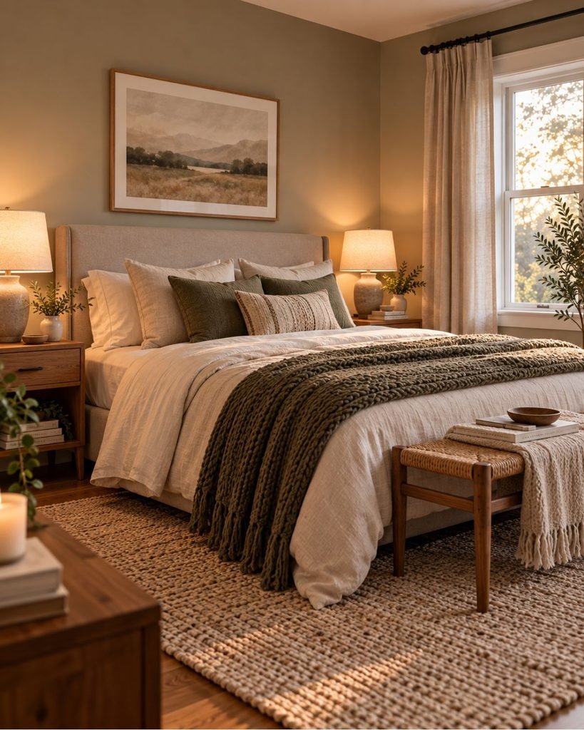 Cozy bedroom ideas with layered bedding, warm bedside lighting, and a soft area rug