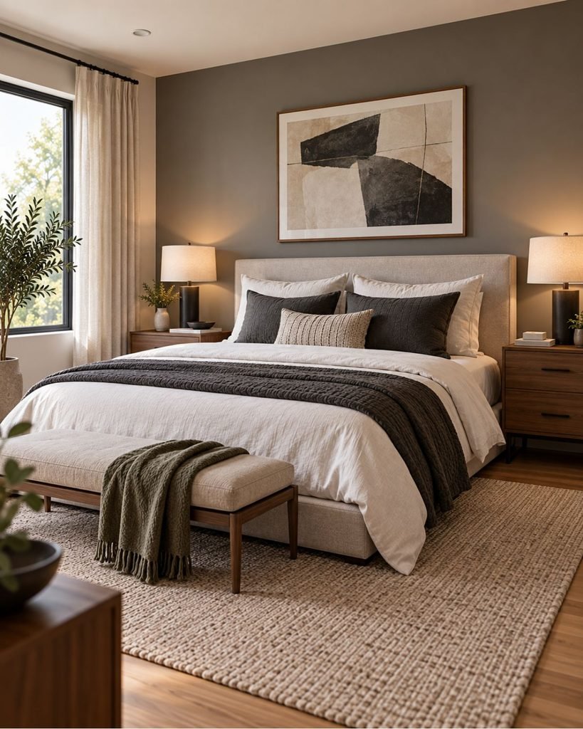 A modern bedroom with a low-profile bed, clean-lined furniture, and a restrained neutral palette