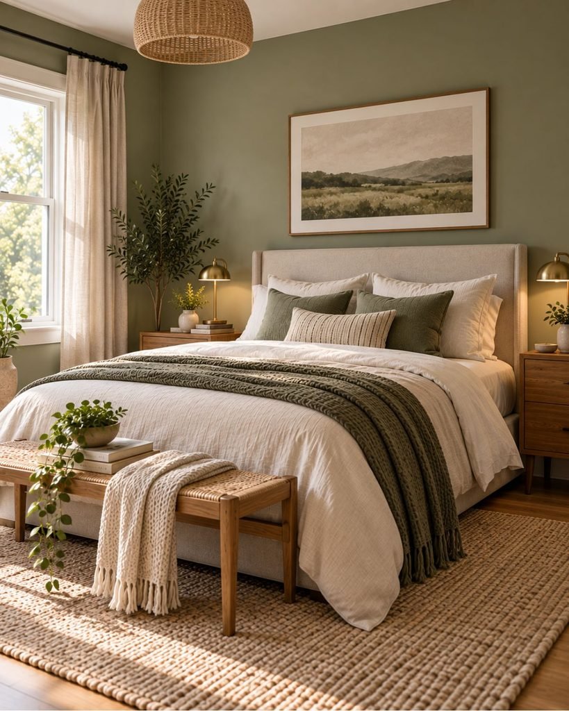 A sage green bedroom with cream bedding, warm wood nightstands, and brass bedside lamps