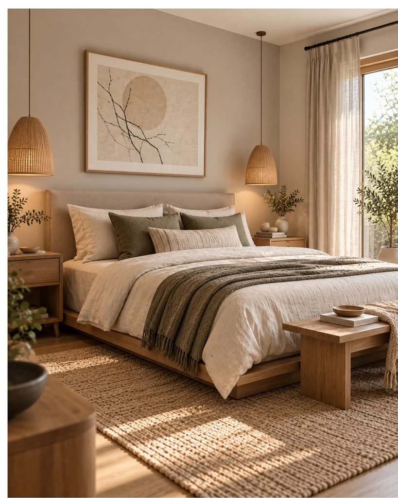A Japandi bedroom with a low platform bed, natural wood tones, neutral linen bedding, and minimal decor