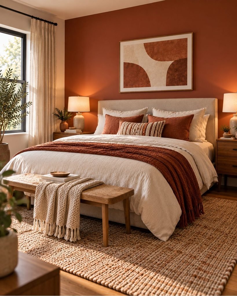 A bedroom ideas
with a deep terracotta accent wall, neutral bedding, and warm wood nightstands