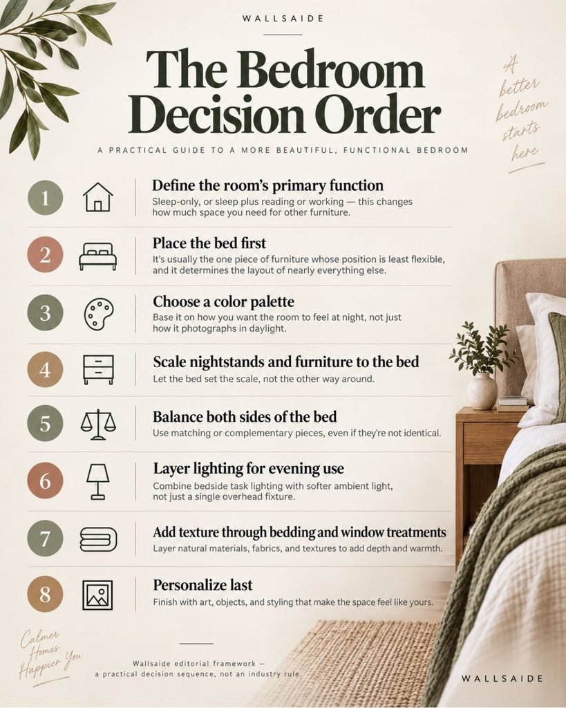 Infographic showing Wallsaide's eight-step bedroom decision order, from defining the room's function to personalizing last
