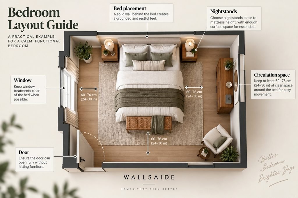 Top-down bedroom layout showing the bed against a solid wall with clear circulation around the bed, door, and window