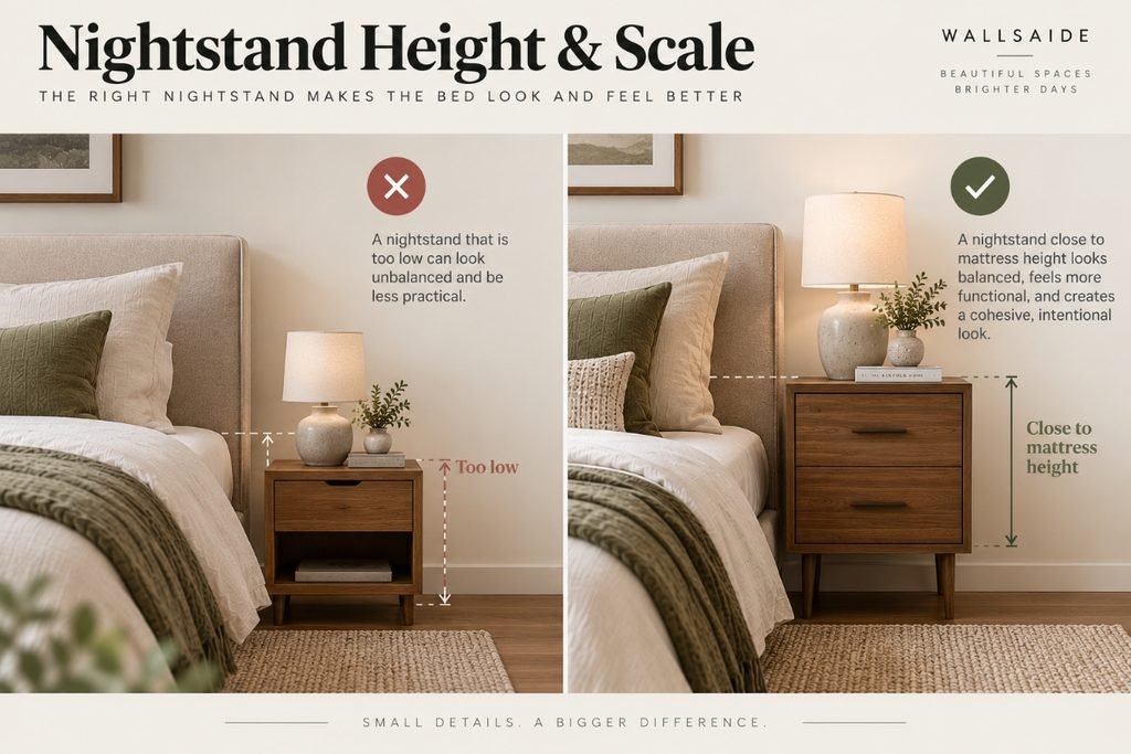 Comparison of a nightstand that sits too low beside a bed and one positioned close to mattress height