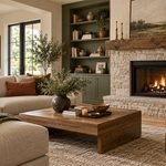 Interior color ideas shown in a living room with warm greige, olive green, terracotta, oak, and brass accents