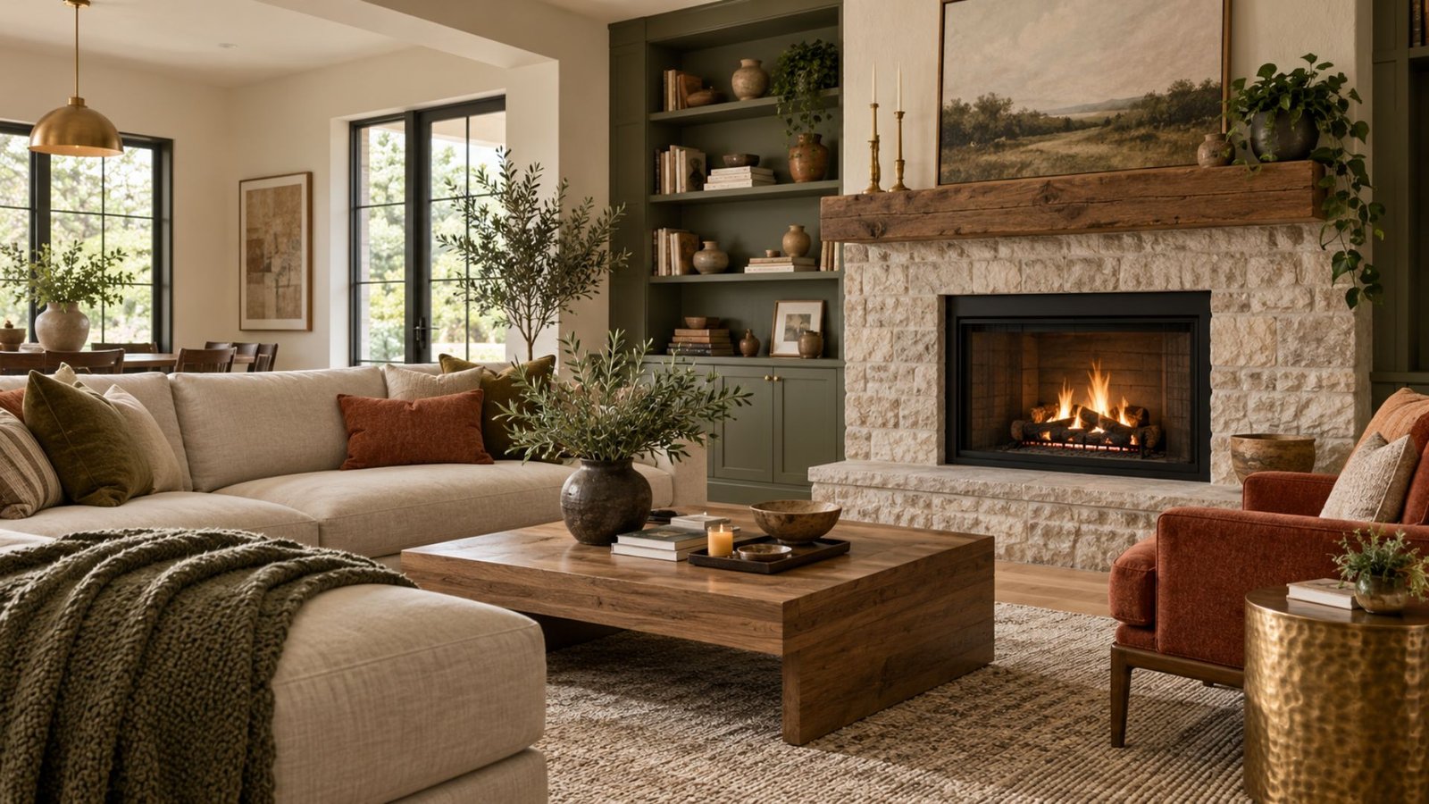 Interior color ideas shown in a living room with warm greige, olive green, terracotta, oak, and brass accents