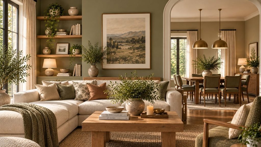A living room with warm greige walls, an olive sofa, rust accents, oak flooring, and a stone fireplace surround
