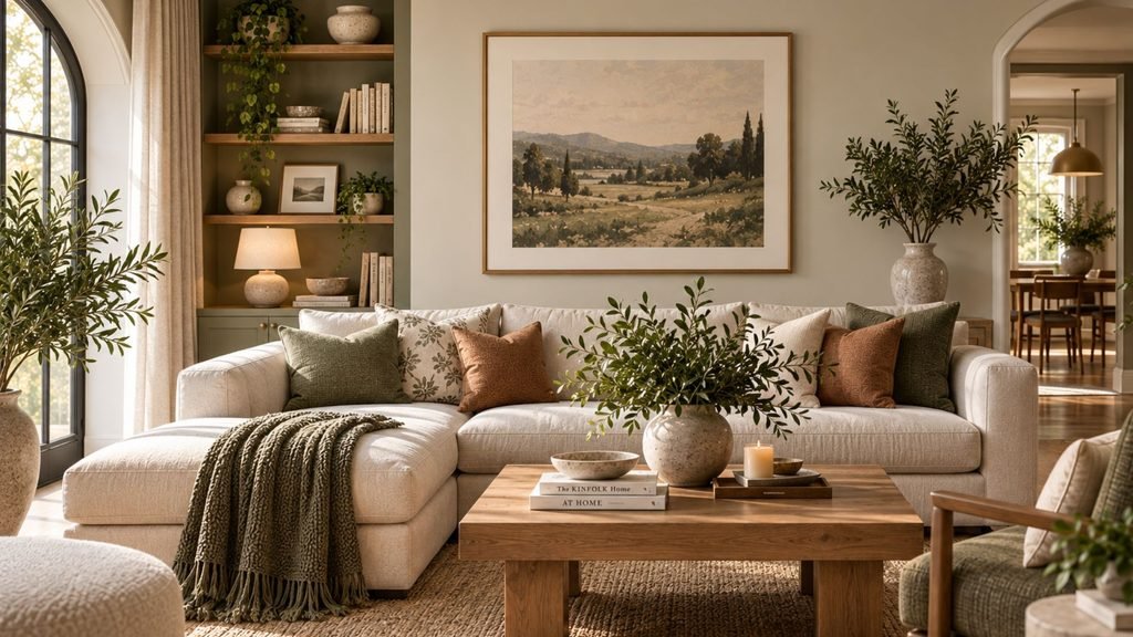 An open-plan living and dining area sharing a related warm color palette and consistent wood and metal tones