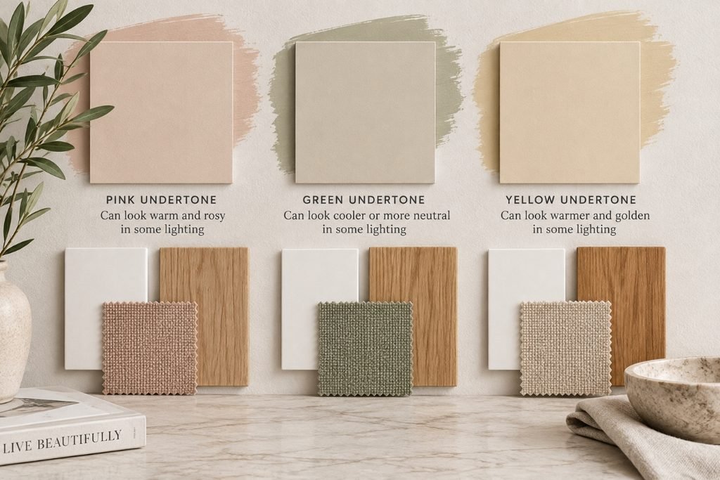 Diagram showing three similar-looking beige paint swatches revealing pink, green, and yellow undertones next to white and wood references