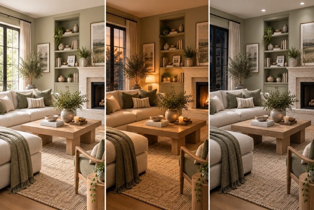 Comparison showing the same greige wall color appearing cooler under overcast daylight and warmer under evening artificial light
