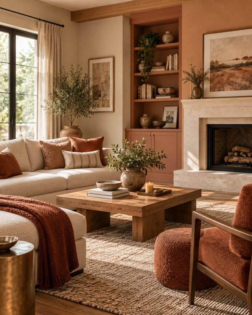 A room with a warm-dominant palette of terracotta, cream, honey wood tones, and brass accents
