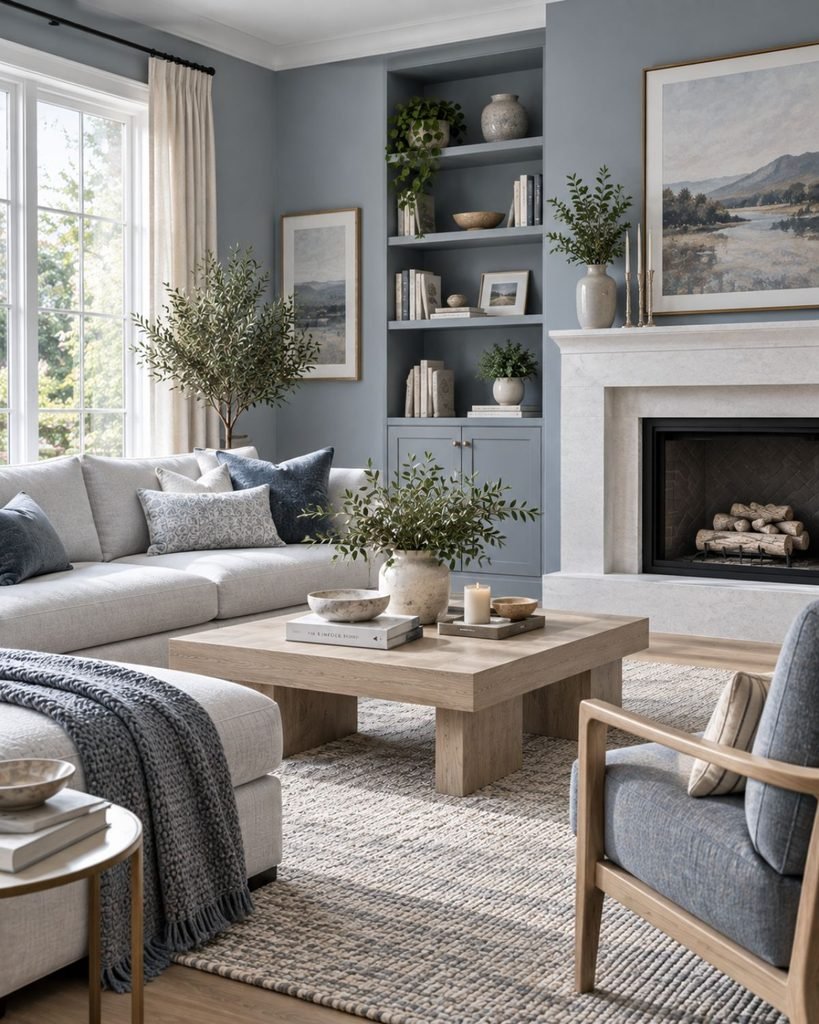 A room with a cool-dominant palette of blue-gray walls, white oak flooring, and brushed nickel accents