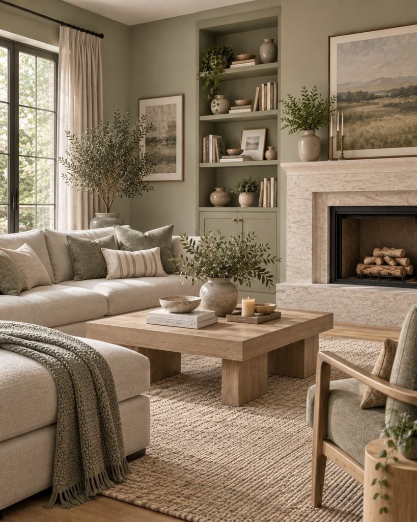 A room with a muted, low-contrast palette of dusty sage, putty tones, and pale oak flooring