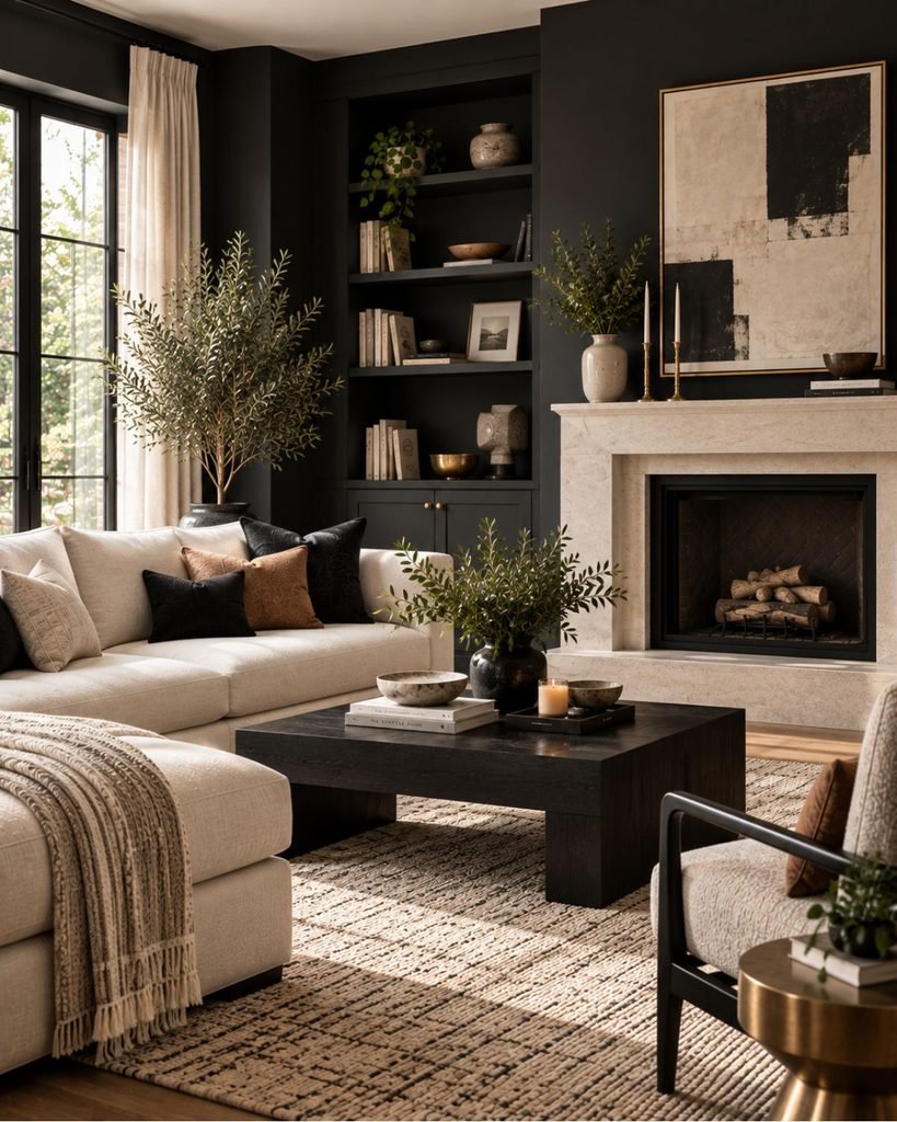 A room with a high-contrast palette of charcoal walls, a cream sofa, and black and brass accents