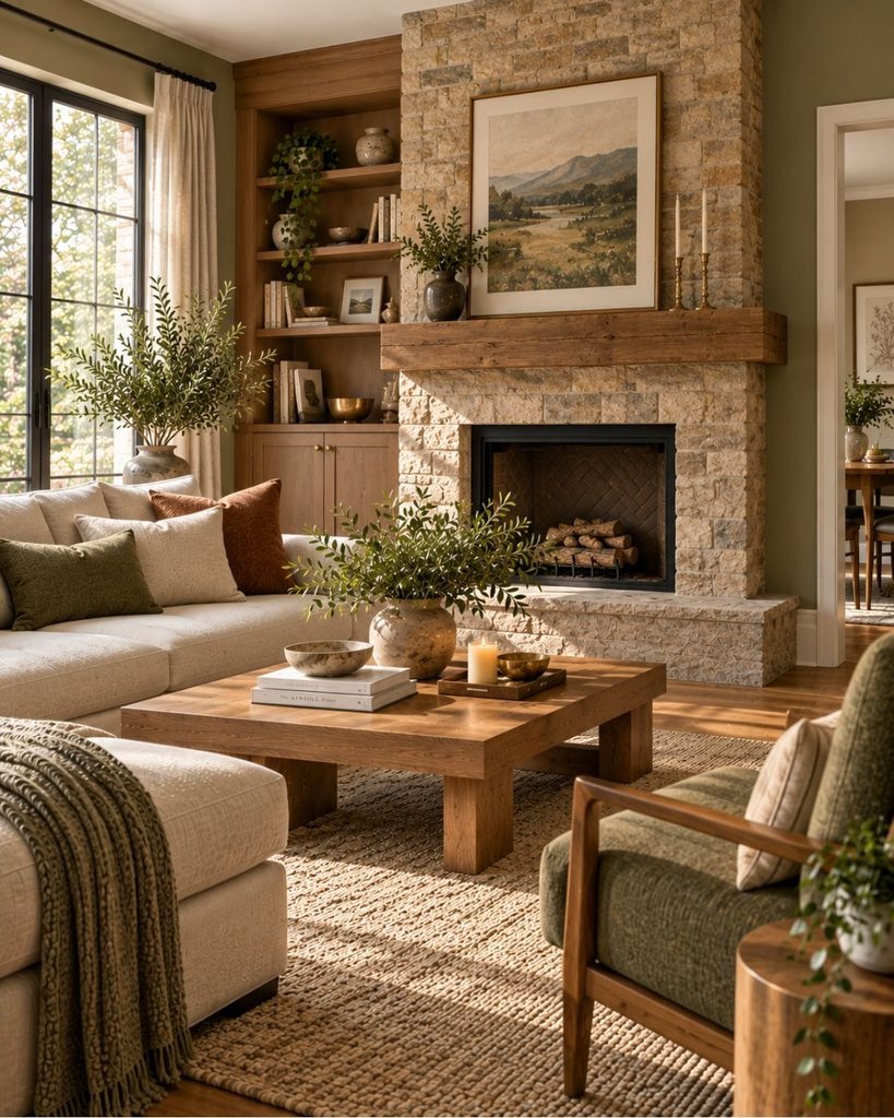 A room where the wall color complements existing warm-toned hardwood flooring and a stone fireplace surround
