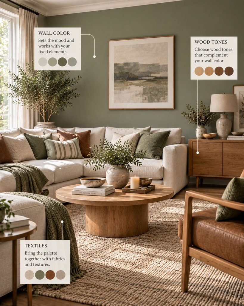 A room where wall color, wood furniture tone, and textile colors are deliberately coordinated
