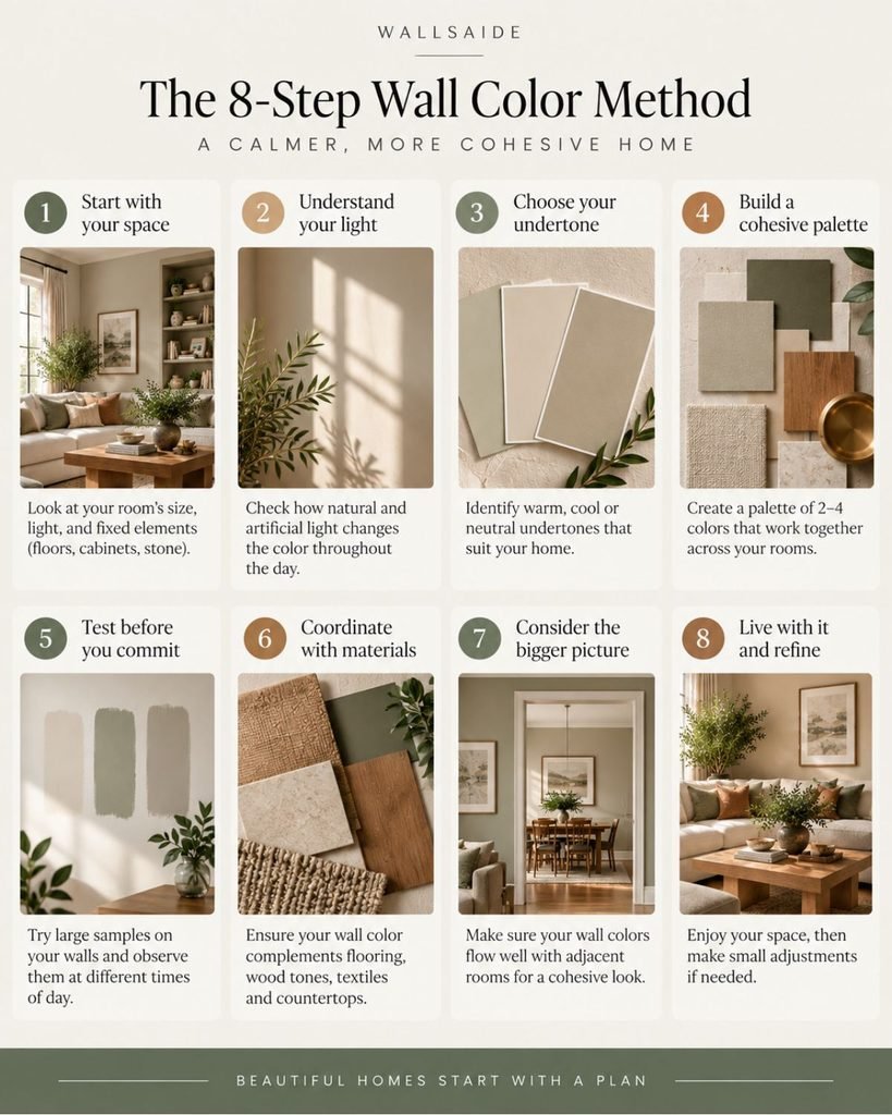 Infographic listing Wallsaide's eight-step palette-building method, from reading fixed elements to distributing color deliberately