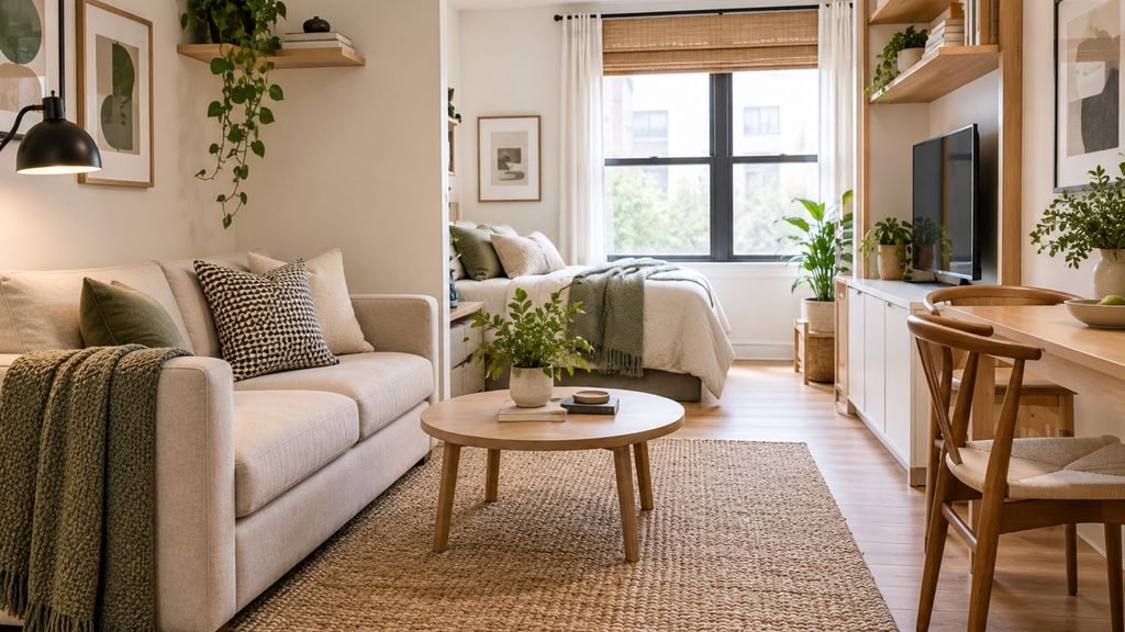 Small space ideas for a compact studio with a sofa, dining area, coffee table, and sleeping zone
