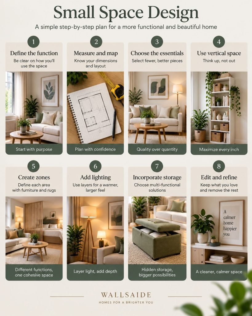 Wallsaide eight-step small-space decision order from defining the room's function to editing the finished space