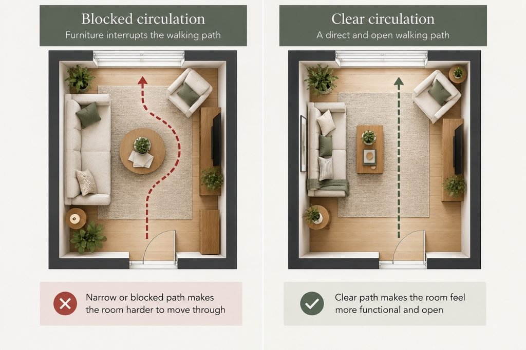 Floor plan comparing a small room with a blocked walking path and the same room arranged with a clear circulation path