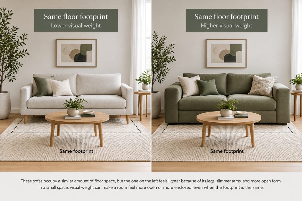 Two sofas with similar floor footprints but different visual weight due to their legs, form, and upholstery