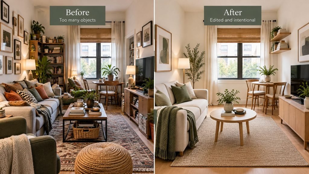 Same small living space shown with too many objects and then edited down to fewer furnishings and accessories