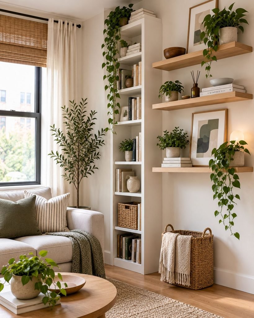 Small room using a tall narrow bookcase and floating wall shelves to add storage without taking more floor space
