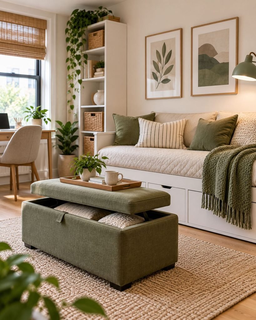 Small space with a storage ottoman used as a coffee table and a daybed providing seating and guest sleeping space