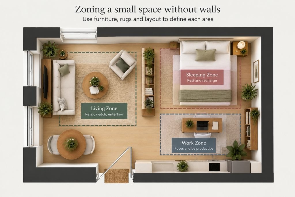 Floor plan showing a small open room divided into living and sleeping zones using furniture and rugs instead of walls