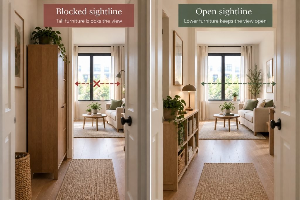 Doorway view comparing a tall cabinet blocking the sightline with lower shelving that keeps the view through a small room open