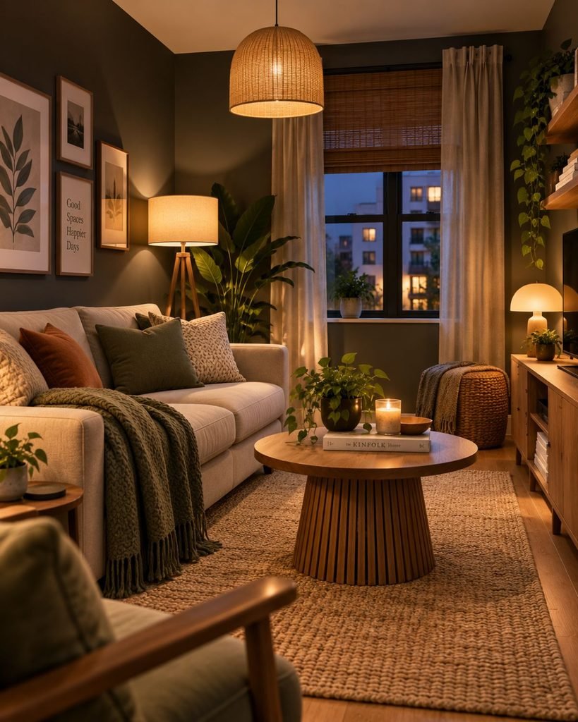 Small room with dark charcoal walls lit by separate floor and table lamps for different areas of the room