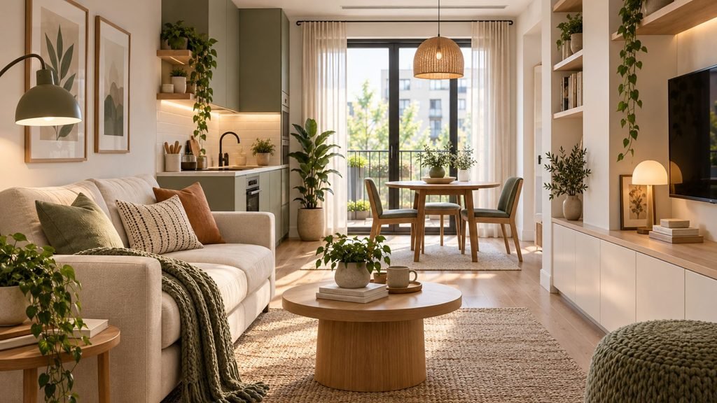Compact studio apartment with living, work, and sleeping zones defined by furniture and rugs within one open room