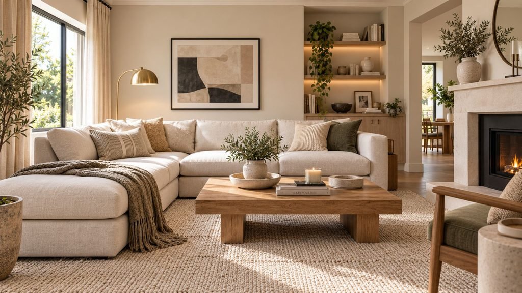 Neutral living room ideas with a cream sofa, textured rug, warm wood furniture, brass lighting, and dark accents