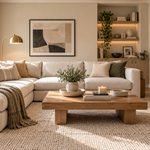 Neutral living room ideas with a cream sofa, textured rug, warm wood furniture, brass lighting, and dark accents