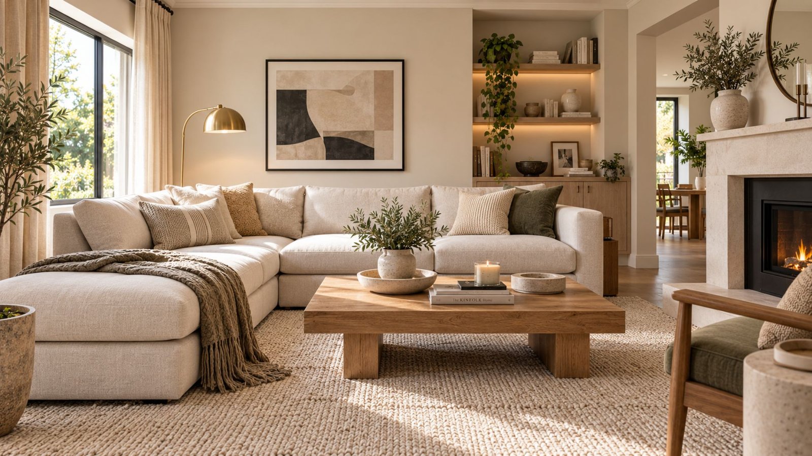 Neutral living room ideas with a cream sofa, textured rug, warm wood furniture, brass lighting, and dark accents