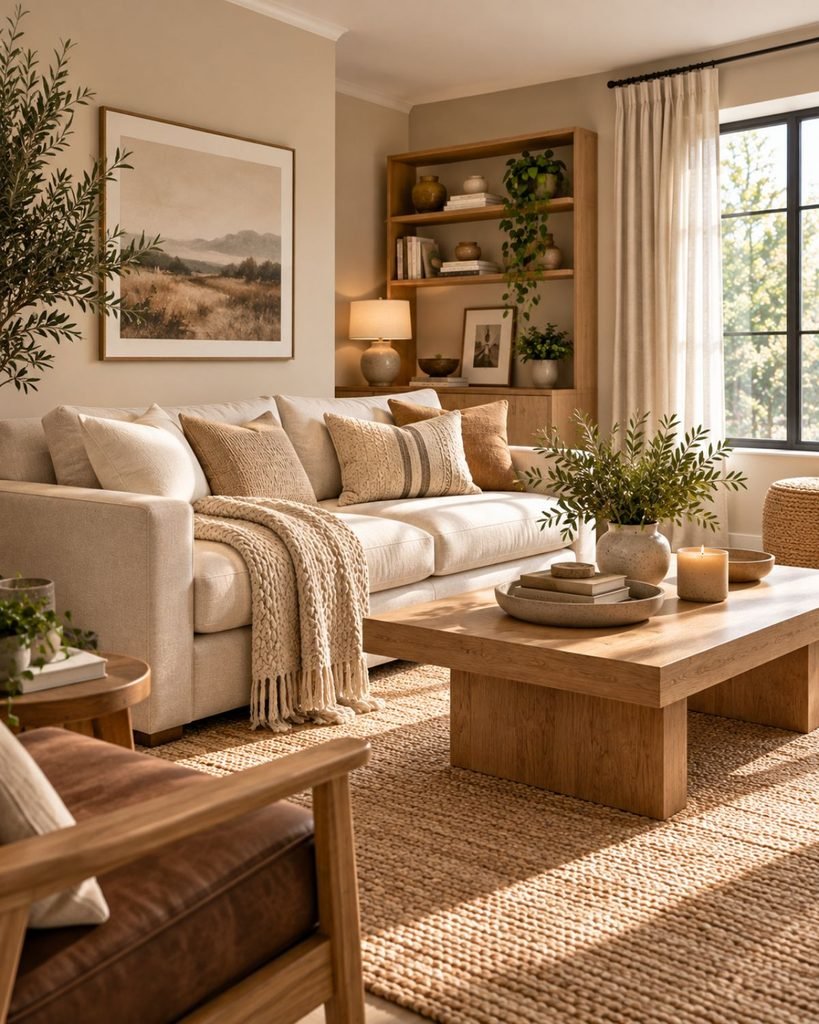 Warm neutral living room with greige walls, a cream sofa, warm wood furniture, woven textures, and brass accents