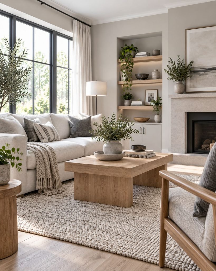 Cool neutral living room with soft gray walls, white oak flooring, ivory textiles, and restrained charcoal accents